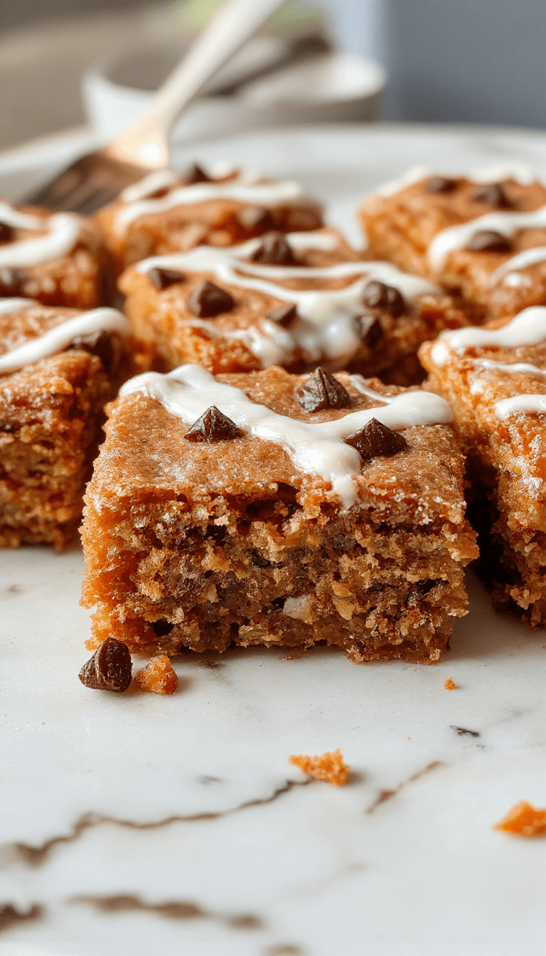 Colorful carrot cake bars with rich cream cheese frosting topped with crushed walnuts, arranged on a rustic wooden platter, with sprigs of fresh carrots and a dusting of cinnamon in the background, showcasing the moist texture and vibrant orange hue of the cake.
