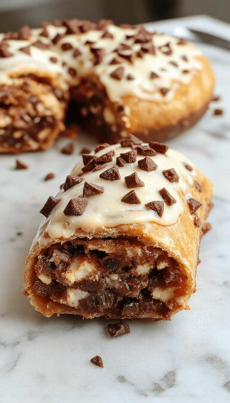 A rich slice of Chocolate Chip Cannoli Pie with golden-brown crust topped with whipped cream and chocolate chips, garnished with a sprinkle of powdered sugar, and displayed on a rustic wooden plate with a fork, highlighting its creamy texture and indulgent appearance.