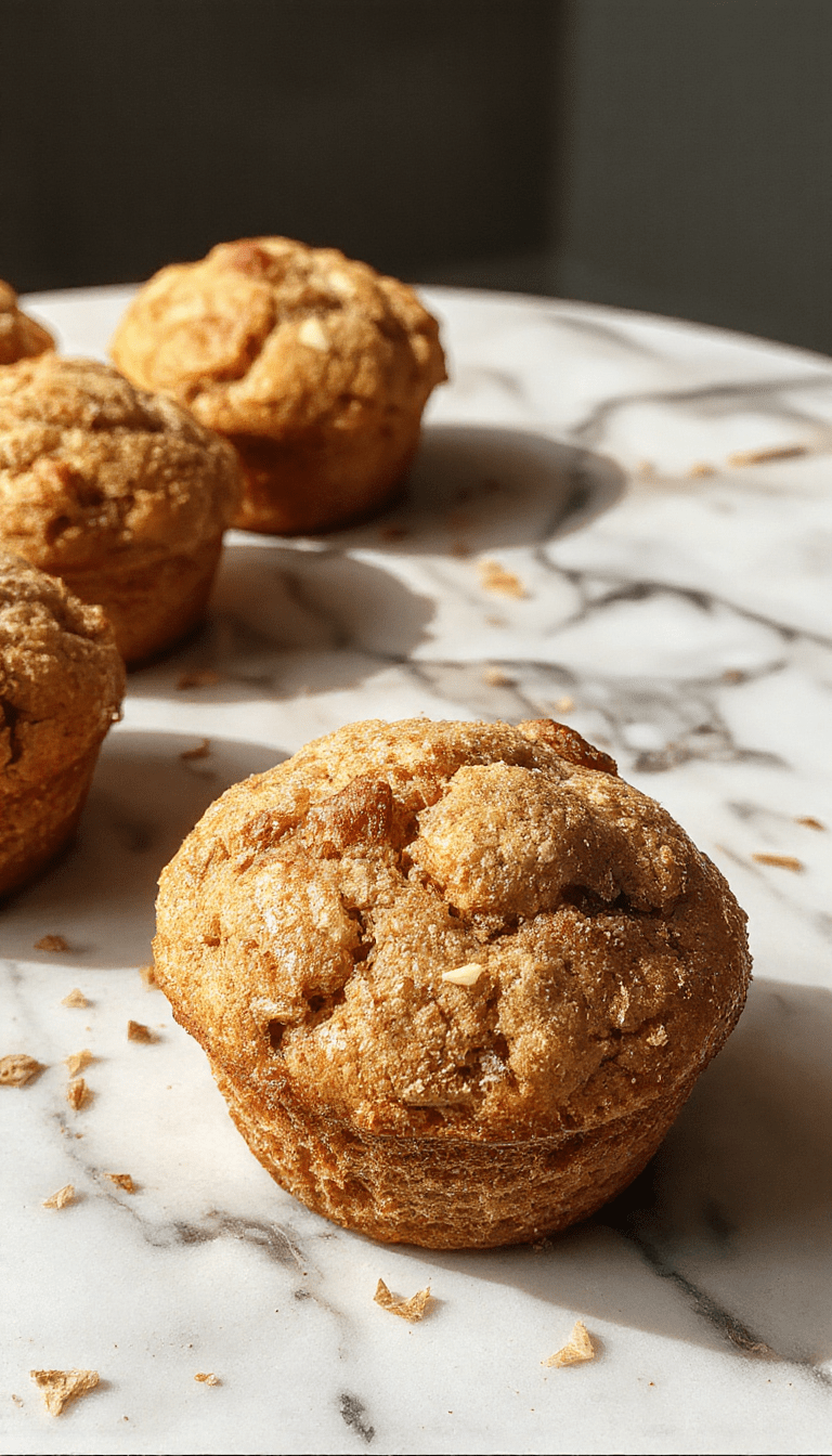 A close-up of warm, golden-brown apple cinnamon muffins arranged on a rustic wooden plate, topped with cinnamon sugar and sliced apples, with a soft-focus background featuring a cinnamon stick and fresh apples.