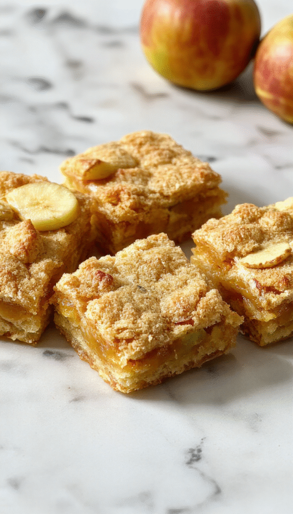 A vibrant dessert image showing golden-brown apple crisp shortbread bars on a rustic wooden platter, topped with a dusting of powdered sugar and garnished with apple slices and mint leaves, with a side of caramel sauce and a scoop of vanilla ice cream.