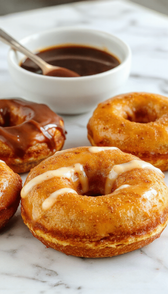 A close-up of golden-brown baked pumpkin donuts on a white plate, topped with cinnamon sugar and a drizzle of icing, surrounded by fresh pumpkin pieces and autumn leaves, styled for a cozy fall atmosphere.