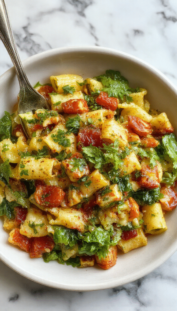 Colorful fall harvest pasta salad served in a white bowl, featuring spiral pasta tossed with vibrant orange butternut squash, green spinach, red cranberries, and crunchy nuts, garnished with fresh herbs and drizzled with a light vinaigrette, styled on a rustic wooden table with autumn leaves in the background.