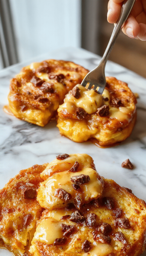 A vibrant plate of pumpkin french toast topped with whipped cream and cinnamon, garnished with pecans and fresh pumpkin slices, styled on a rustic wooden table