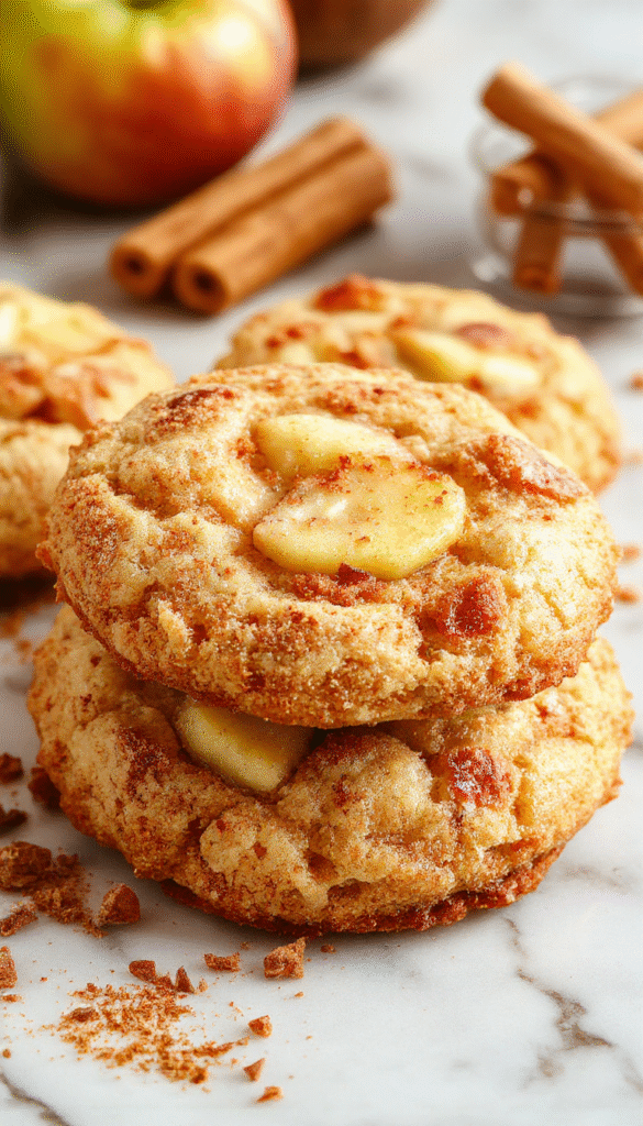 A close-up image of warm, freshly baked apple cinnamon snickerdoodle cookies arranged on a rustic wooden platter. The cookies are golden-brown with a sugar and cinnamon coating, topped with a slice of fresh apple and a sprinkle of cinnamon. The background features a softly blurred cozy kitchen setting with hints of cinnamon sticks and apple slices, emphasizing the inviting and comforting nature of the treat.