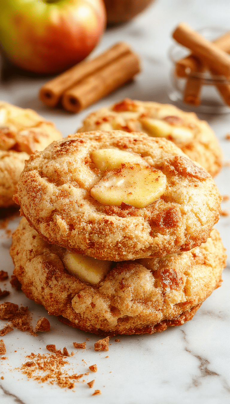 A close-up image of warm, freshly baked apple cinnamon snickerdoodle cookies arranged on a rustic wooden platter. The cookies are golden-brown with a sugar and cinnamon coating, topped with a slice of fresh apple and a sprinkle of cinnamon. The background features a softly blurred cozy kitchen setting with hints of cinnamon sticks and apple slices, emphasizing the inviting and comforting nature of the treat.