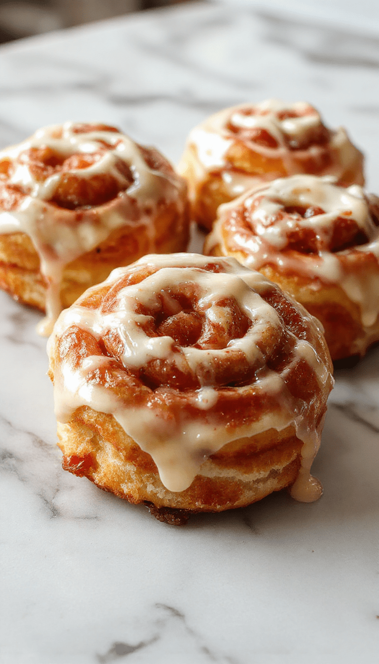A close-up of a golden-brown cinnamon roll drizzled with creamy strawberry cheesecake glaze, topped with fresh sliced strawberries and powdered sugar, styled on a rustic wooden plate with a light blue background showcasing the inviting textures and vibrant colors.