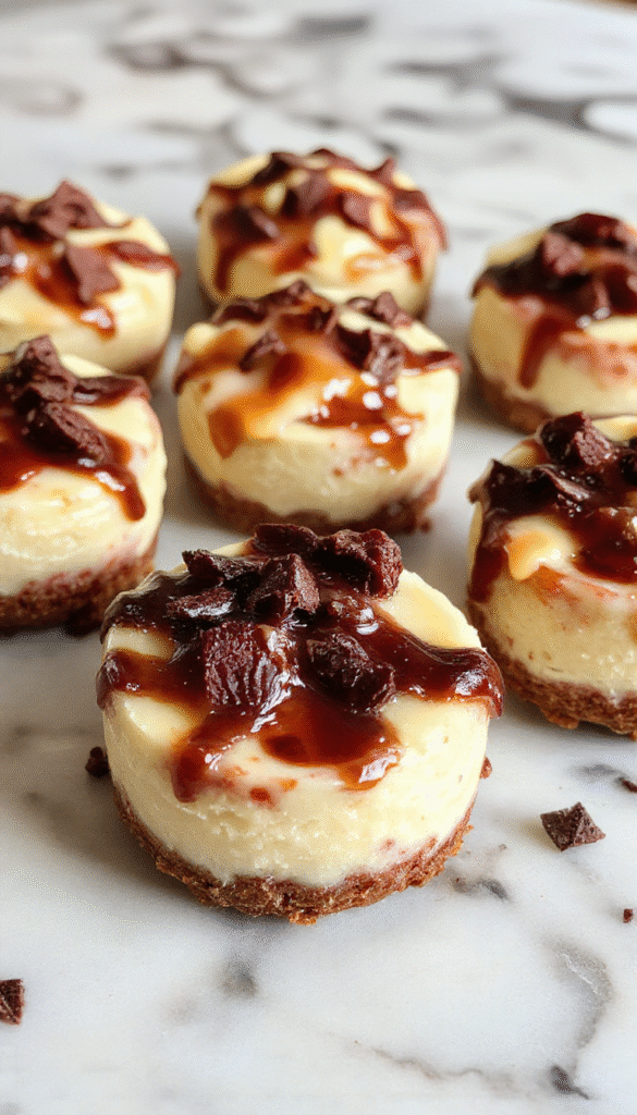 Colorful assortment of mini cheesecakes with swirls of strawberry and blueberry topping, arranged on a white platter. The cheesecakes have a smooth, creamy texture with golden crust bases, garnished with fresh berries and mint leaves, styled in elegant paper liners.