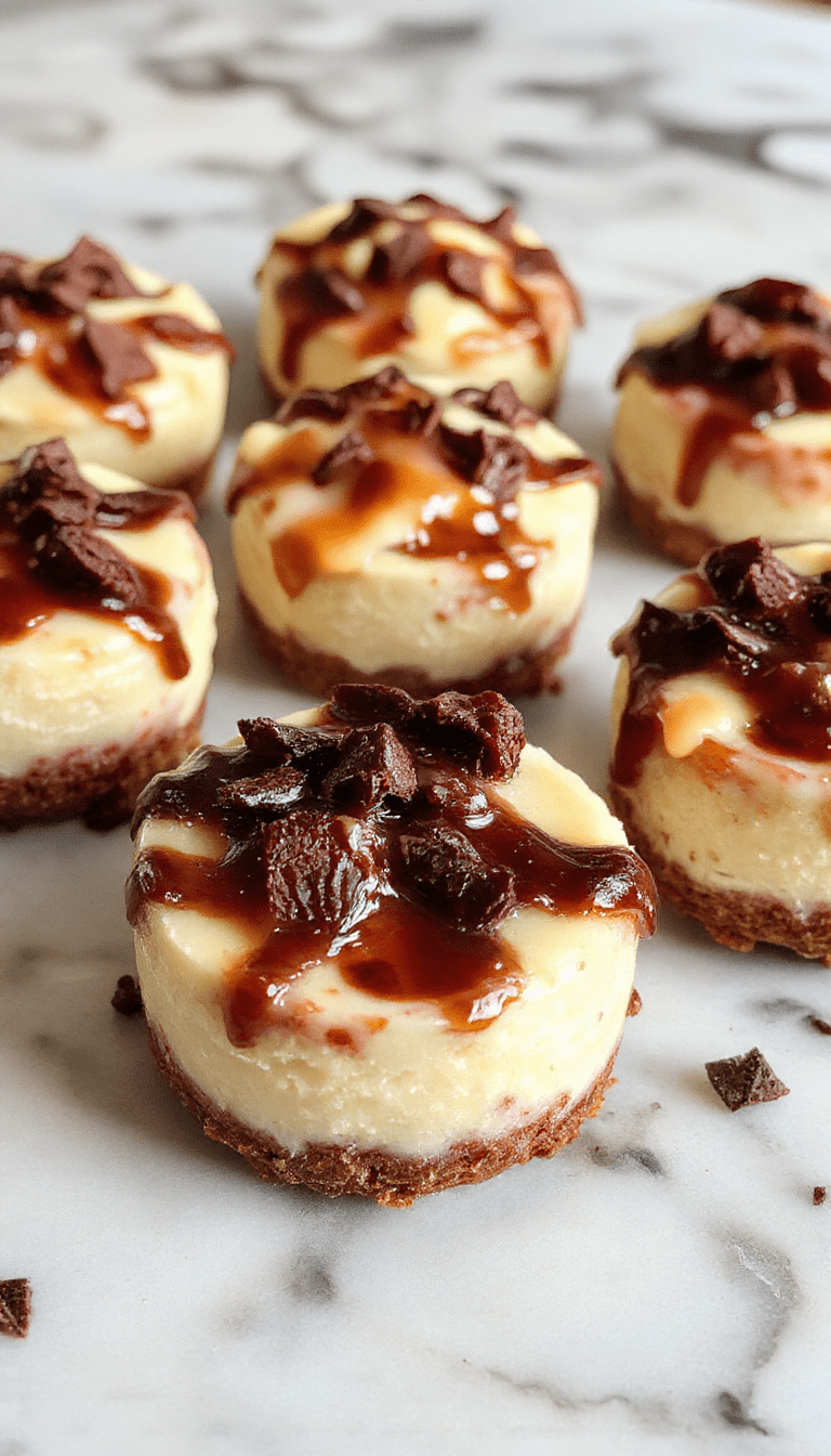 Colorful assortment of mini cheesecakes with swirls of strawberry and blueberry topping, arranged on a white platter. The cheesecakes have a smooth, creamy texture with golden crust bases, garnished with fresh berries and mint leaves, styled in elegant paper liners.