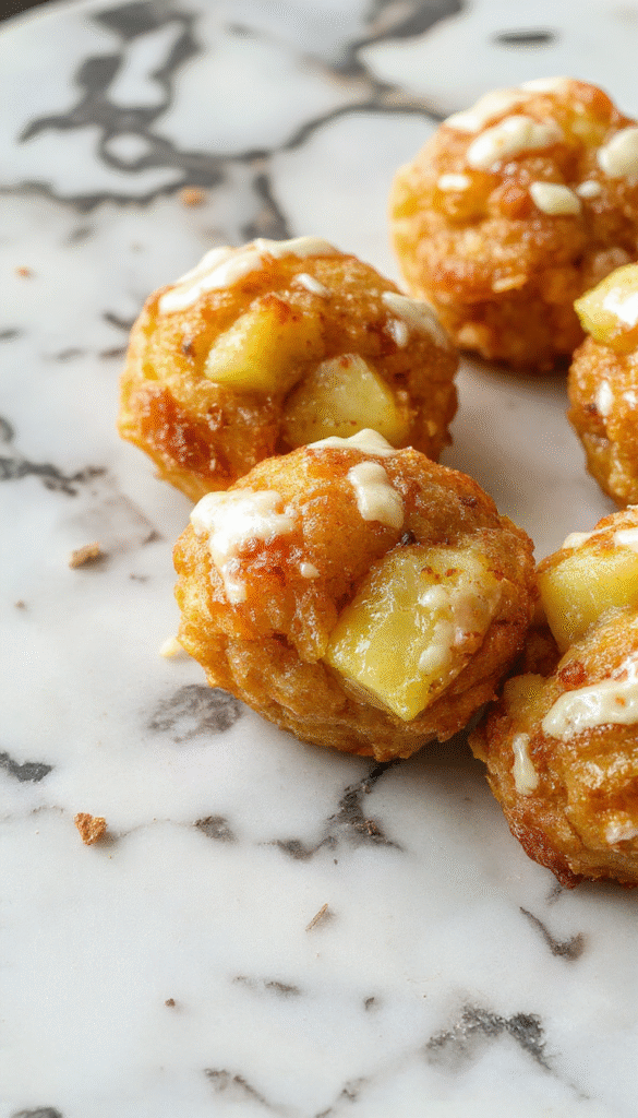 A close-up of golden-brown apple fritter bites arranged on a white plate, garnished with a dusting of powdered sugar and cinnamon, showcasing crispy exterior and juicy apple filling inside, styled on a rustic wooden table.