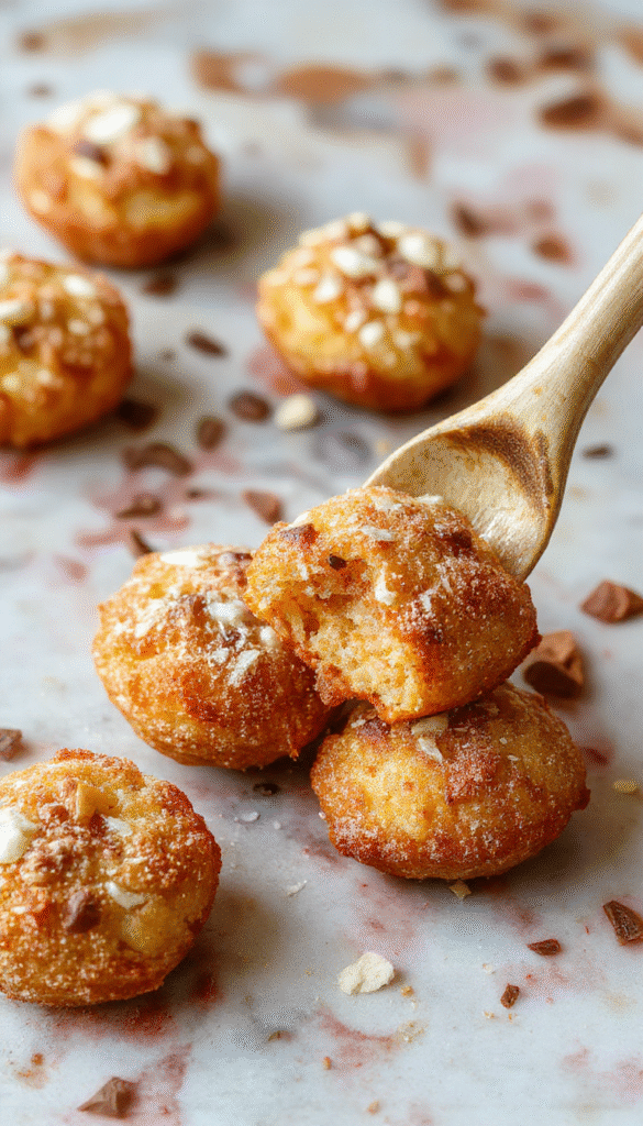 Golden brown baked churro bites arranged on a white plate dusted with cinnamon sugar, with a side of chocolate sauce in a small bowl, showing crispy textures and gooey insides.