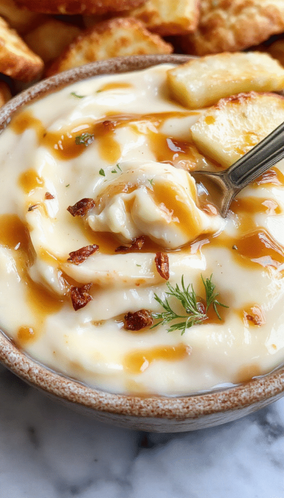 A creamy caramel apple cheesecake dip in a clear glass bowl topped with caramel drizzle, sliced fresh apples arranged around it, with colorful sprinkles and a silver spoon, set on a rustic wooden table with a cozy, inviting atmosphere.