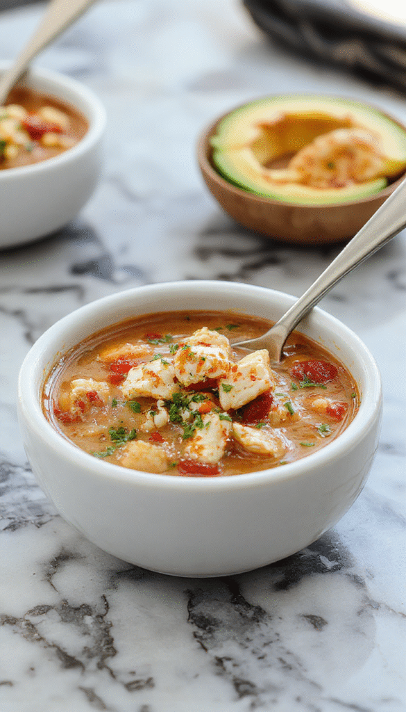 A vibrant bowl of chicken taco soup garnished with shredded cheese, fresh cilantro, and lime wedges, served on a rustic wooden table with colorful ingredients like corn, beans, and diced chicken visible nearby.