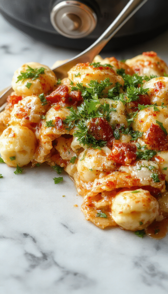 Colorful bowl featuring creamy chicken tortellini garnished with fresh herbs, surrounded by cooked tortellini, shredded chicken, and vibrant vegetables, styled in a rustic setting