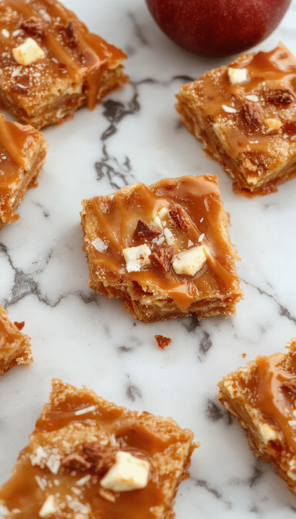 A close-up of caramel apple bars arranged on a rustic wooden platter, showcasing golden-brown crust, drizzled caramel sauce, slices of fresh red and green apples, and a sprinkle of sea salt crystals, styled with autumn leaves for a festive fall ambiance.