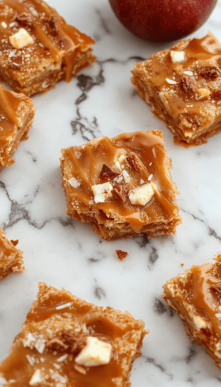 A close-up of caramel apple bars arranged on a rustic wooden platter, showcasing golden-brown crust, drizzled caramel sauce, slices of fresh red and green apples, and a sprinkle of sea salt crystals, styled with autumn leaves for a festive fall ambiance.