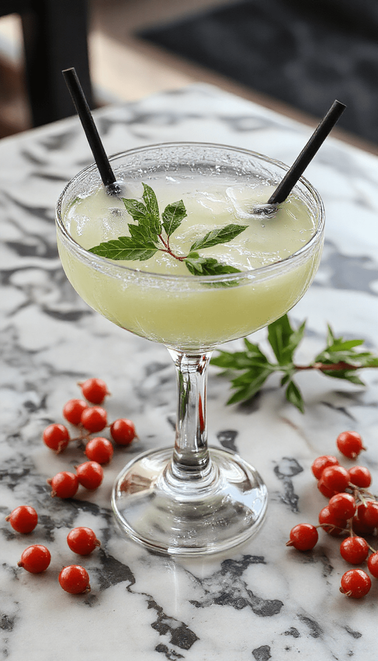 A vibrant cocktail glass filled with a bright green margarita garnished with a sprig of mistletoe, topped with salt rim and festive red and green Christmas decorations in the background, with colorful holiday lights creating a cozy atmosphere.