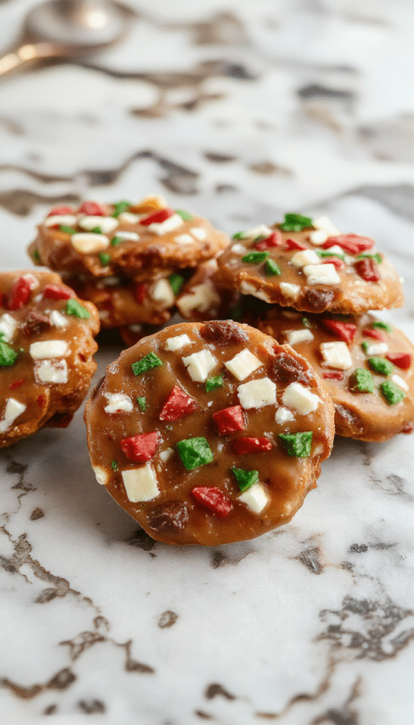 A rectangular plate showcasing golden brown classic Christmas toffee topped with chopped nuts and drizzled with dark chocolate, styled on a rustic wooden table with festive holiday decorations in soft focus.