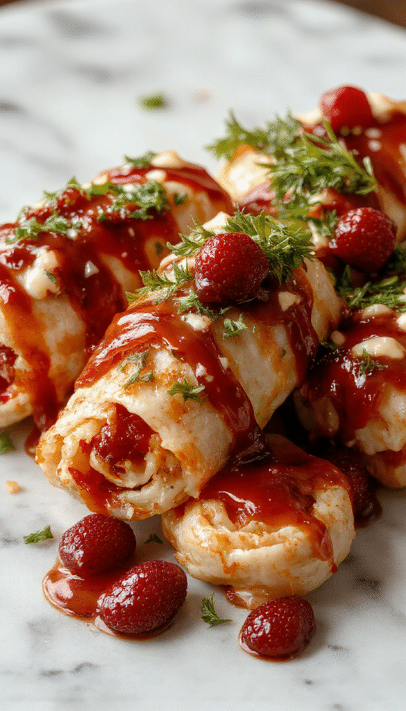 Colorful festive cranberry roll ups arranged on a white platter, featuring vibrant red cranberries, creamy filling, and a golden-brown pastry crust. The plated dessert is delicately garnished with fresh mint leaves and powdered sugar, with a cozy holiday setting in the background emphasizing warm lighting and seasonal decor.