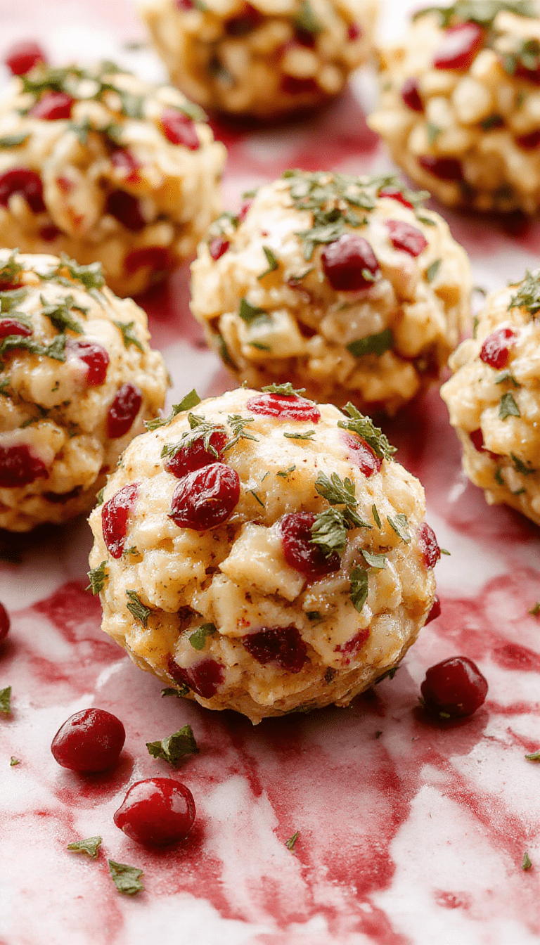 Colorful platter of golden-brown stuffing balls filled with bright red cranberries, garnished with fresh herbs on a rustic wooden board with a festive background.