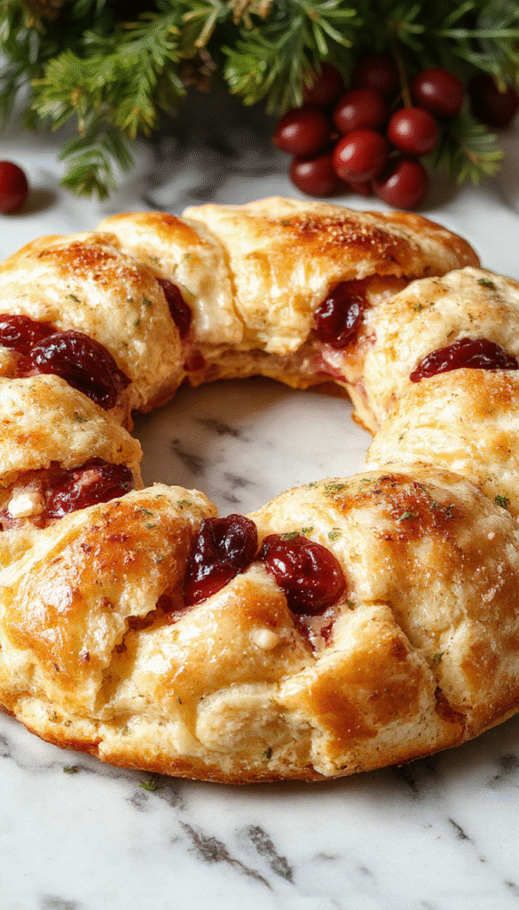 A vibrant crescent ring filled with slices of turkey and dollops of bright red cranberry sauce, garnished with fresh herbs on a white platter with a golden crust and colorful vegetables in the background.