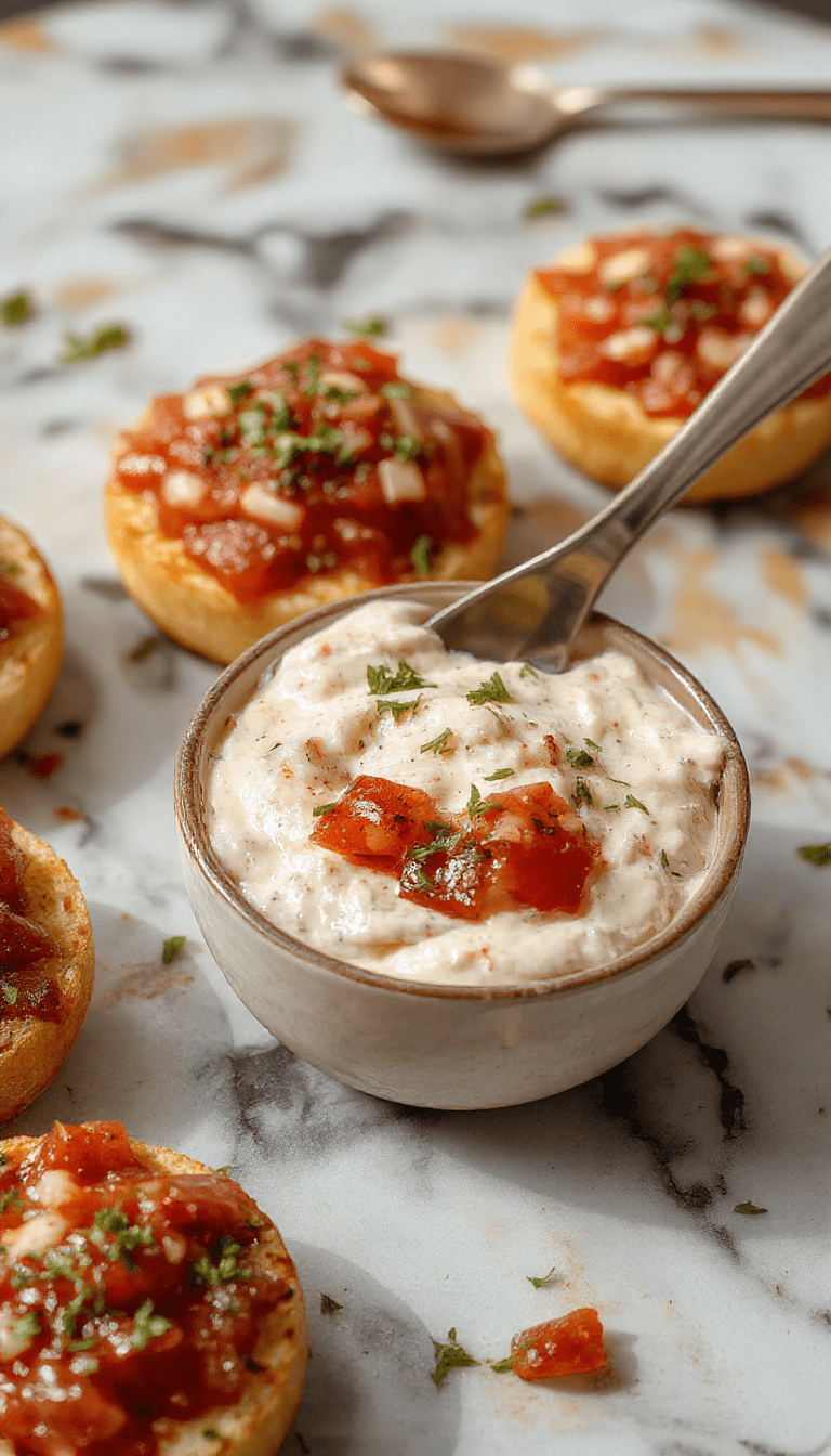 Colorful bruschetta dip served in a white bowl with diced tomatoes, chopped basil, and garlic, garnished with olive oil and served on a rustic wooden table.