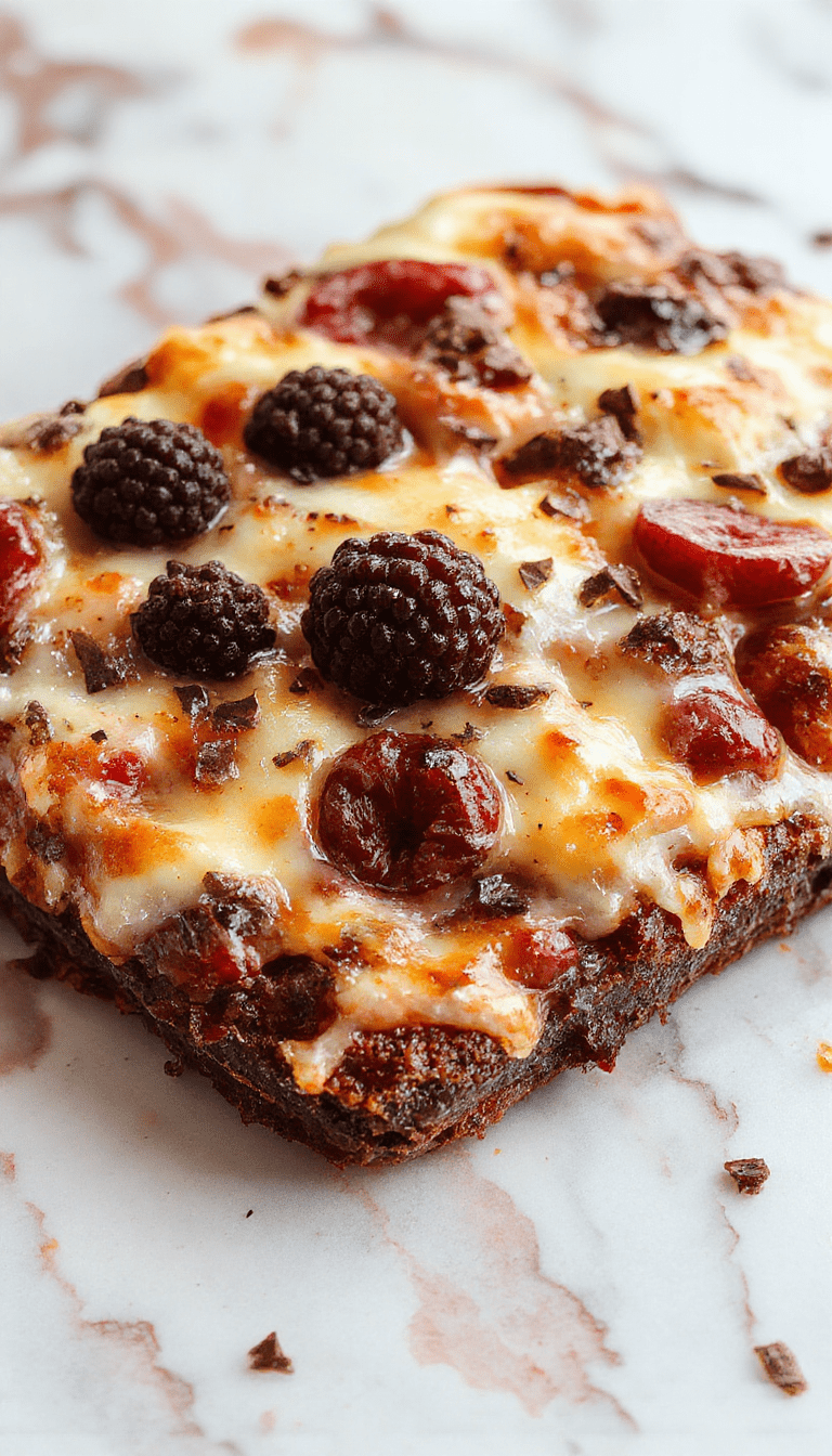A vibrant fruit pizza on a white plate featuring a golden brownie crust topped with colorful sliced strawberries, blueberries, kiwi, and kiwifruit slices arranged in a decorative pattern, drizzled with chocolate sauce and garnished with mint leaves, capturing a fresh, fruity, and indulgent dessert.