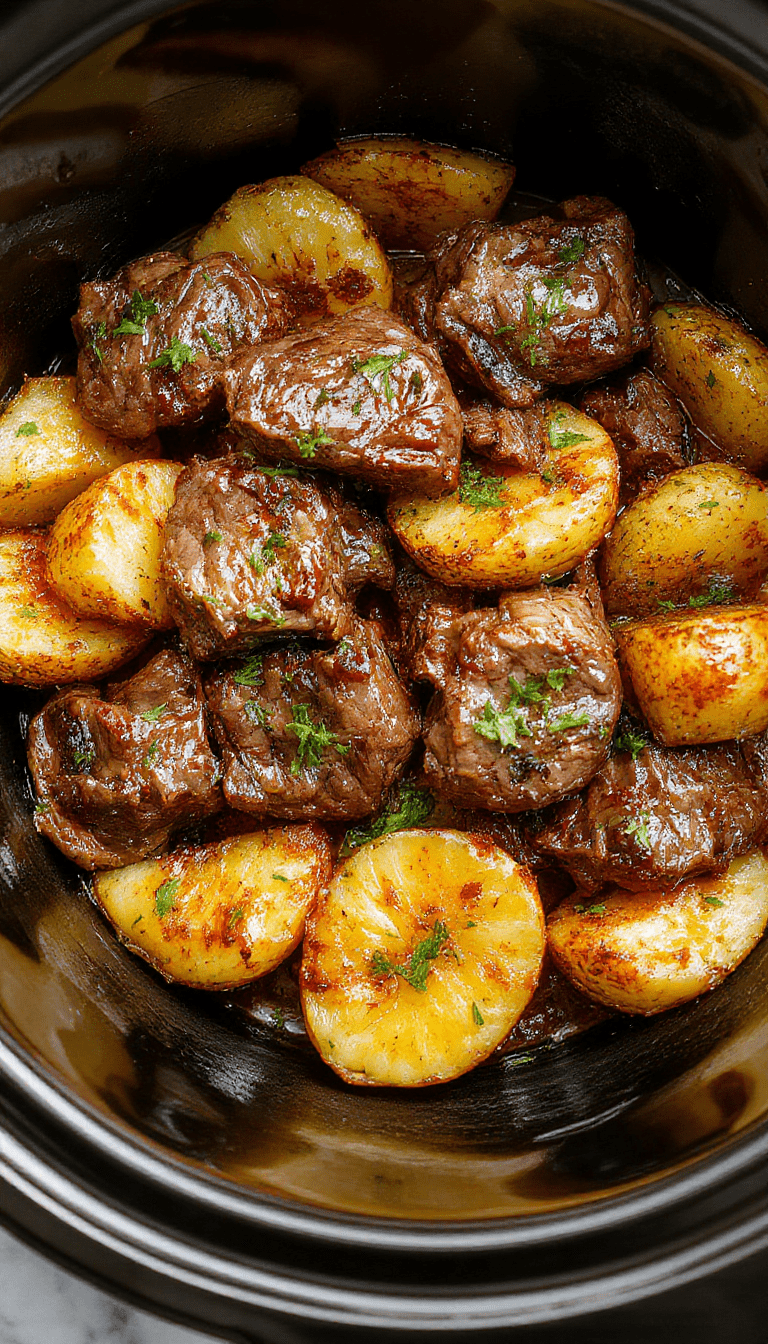 Close-up of tender beef bites coated in garlic butter, served alongside crispy roasted potatoes on a rustic white plate, garnished with fresh herbs, with a cozy kitchen background.