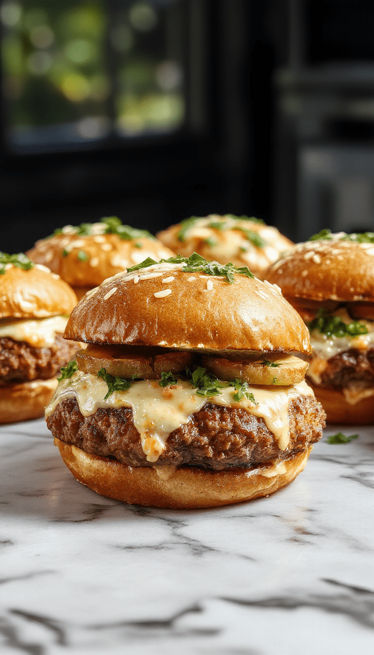 A close-up of golden-brown cheeseburger bombs with melted cheese and crispy garlic parmesan coating, arranged on a rustic platter garnished with fresh herbs and scattered seasonings, showcasing their crispy texture and savory appeal.