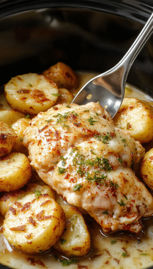 A vibrant plate featuring tender shredded chicken coated in garlic parmesan sauce, accompanied by crispy roasted potatoes, garnished with fresh parsley, styled on a rustic wooden table with a soft blurred background.