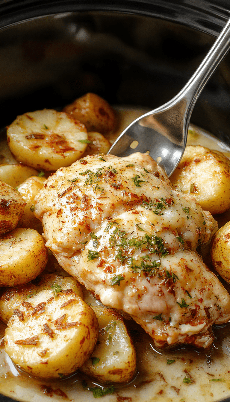 A vibrant plate featuring tender shredded chicken coated in garlic parmesan sauce, accompanied by crispy roasted potatoes, garnished with fresh parsley, styled on a rustic wooden table with a soft blurred background.
