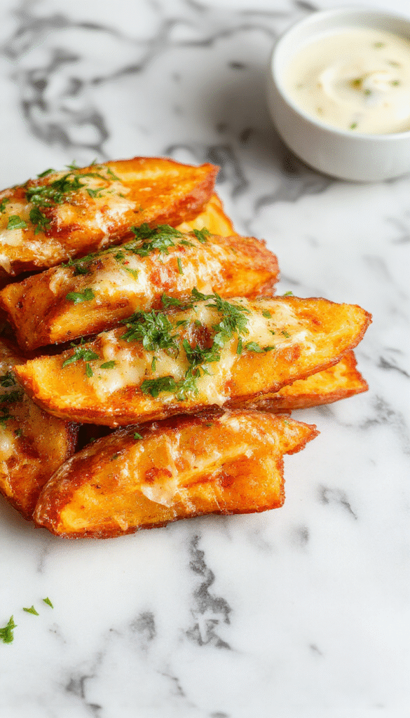 Colorful arrangement of golden-brown sweet potato wedges sprinkled with finely chopped parsley, drizzled with melted Parmesan cheese and garnished with minced garlic on a rustic wooden platter, with a light garnish of herbs and a soft-focus background highlighting the crispy textures and vibrant orange hues.