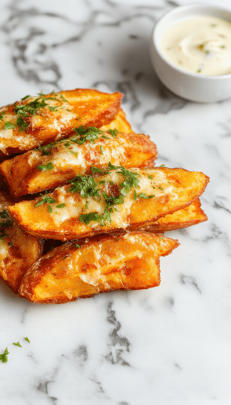Colorful arrangement of golden-brown sweet potato wedges sprinkled with finely chopped parsley, drizzled with melted Parmesan cheese and garnished with minced garlic on a rustic wooden platter, with a light garnish of herbs and a soft-focus background highlighting the crispy textures and vibrant orange hues.