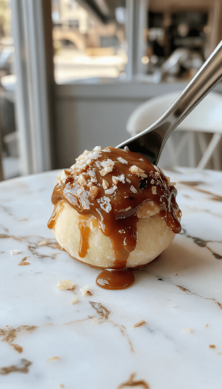 A beautifully styled salted caramel dessert on a white plate, featuring a glossy caramel sauce drizzled over a soft, buttery texture, garnished with sea salt flakes and a sprinkle of gold crumbs, with a blurred dark background highlighting the elegant presentation.