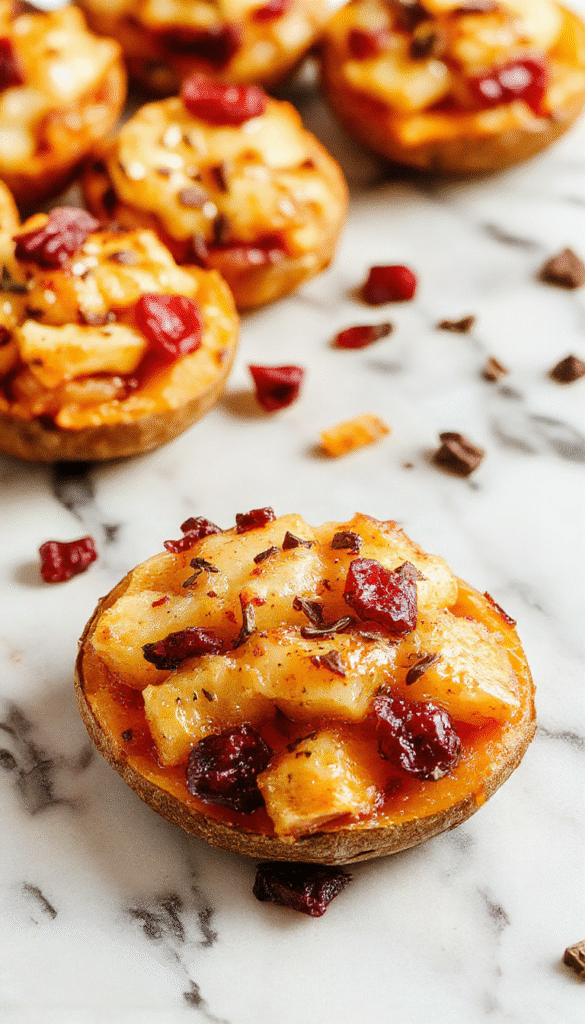 Vibrant orange sweet potatoes halved and topped with glossy cranberry and apple filling, garnished with chopped nuts and fresh mint on a rustic wooden plate