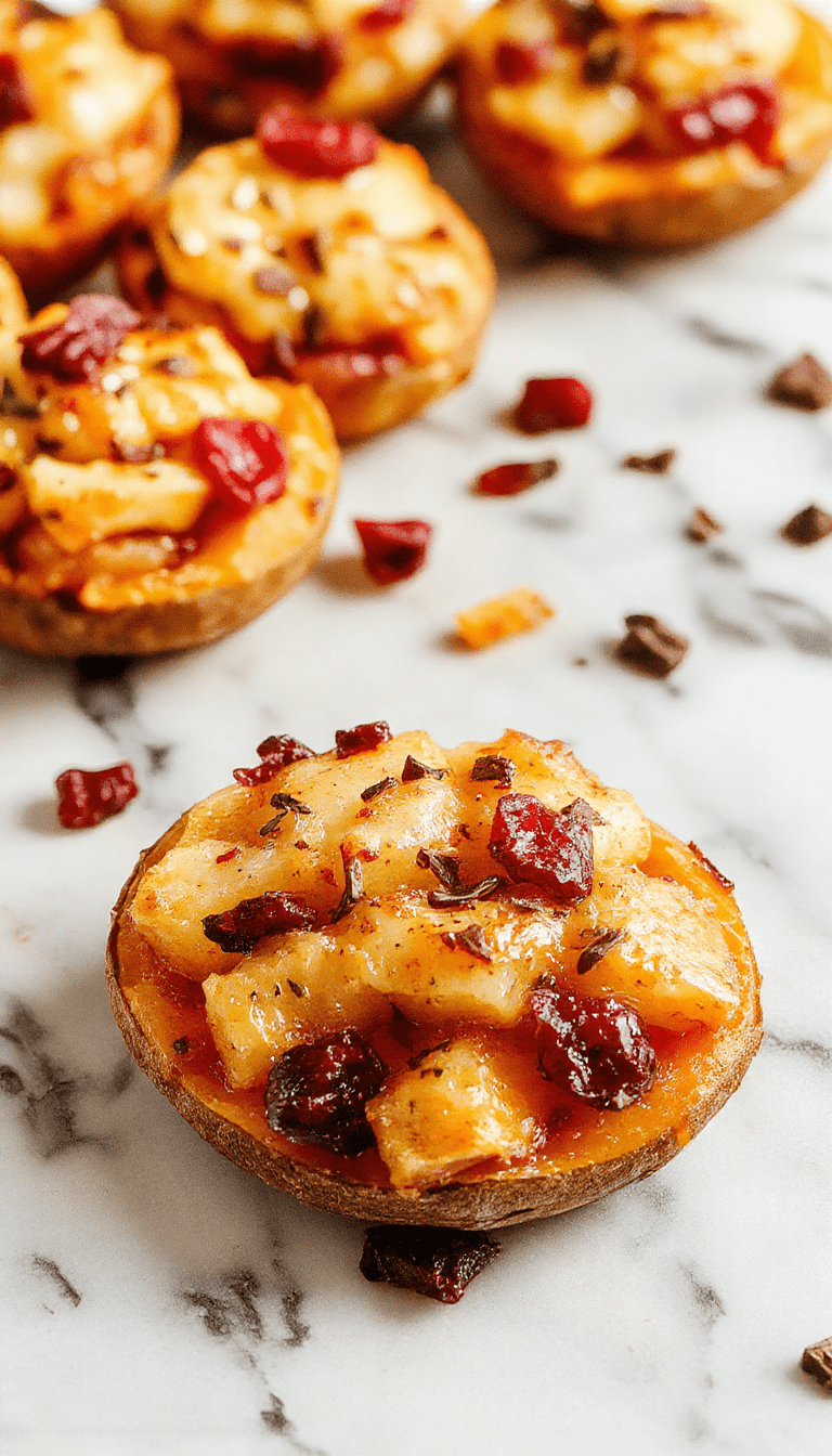 Vibrant orange sweet potatoes halved and topped with glossy cranberry and apple filling, garnished with chopped nuts and fresh mint on a rustic wooden plate