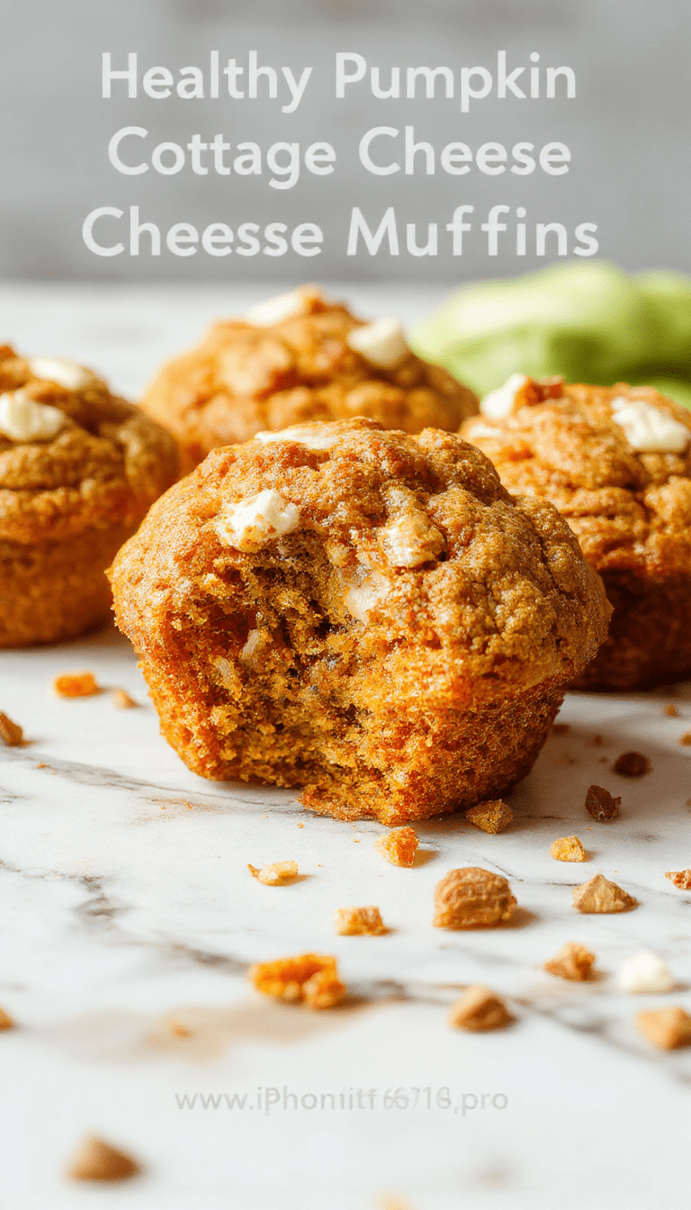 Colorful top view of golden pumpkin cottage cheese muffins arranged on a rustic wooden plate, sprinkled with cinnamon, with a light crumb texture and vibrant orange pumpkin pieces inside, styled with fresh mint leaves and a cozy kitchen background
