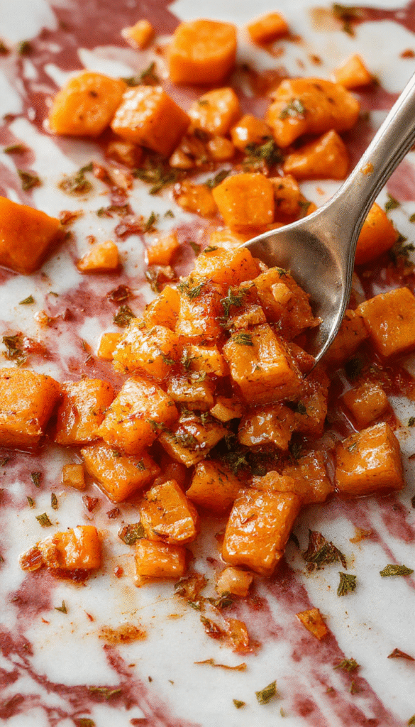 A vibrant plate of smashed carrots, garnished with fresh herbs, served on a white ceramic dish, showcasing a glossy, slightly mashed texture, bright orange color, and a sprinkle of green herbs for garnish.