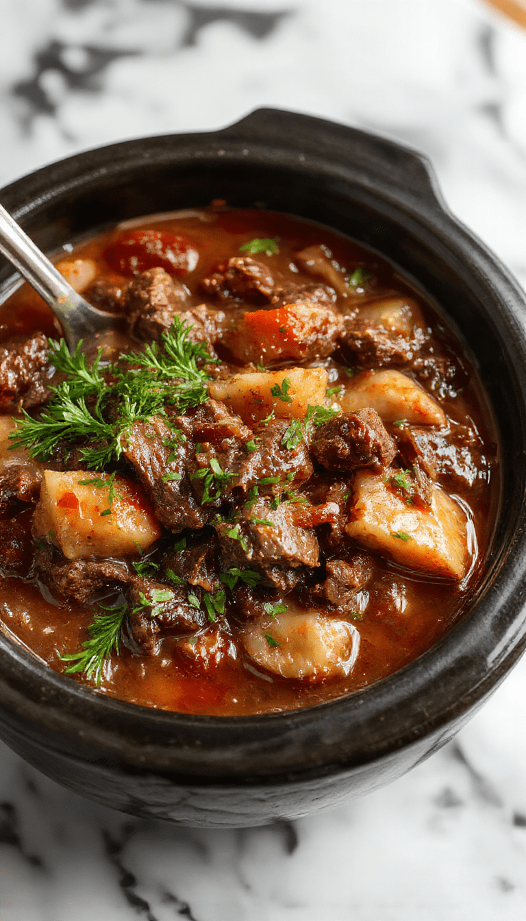 A steaming bowl of hearty beef stew with tender chunks of beef, carrots, potatoes, and celery in a rich, glossy broth, garnished with fresh herbs, served on a rustic wooden table with warm lighting