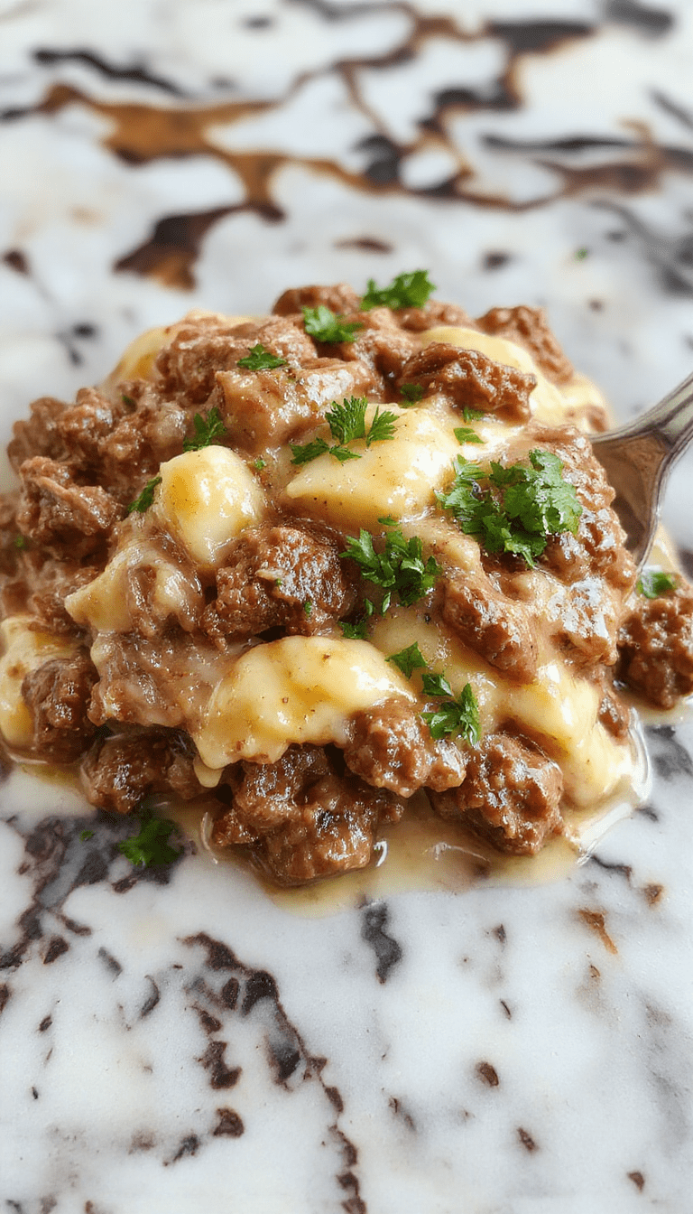 A vibrant plate of ground beef stroganoff sits on a rustic wooden table. The dish features tender ground beef in a rich, creamy sauce with sautéed mushrooms and onions, topped with fresh parsley. The background showcases a cozy kitchen setting with warm lighting, complementing the appetizing textures and golden-brown pasta underneath.