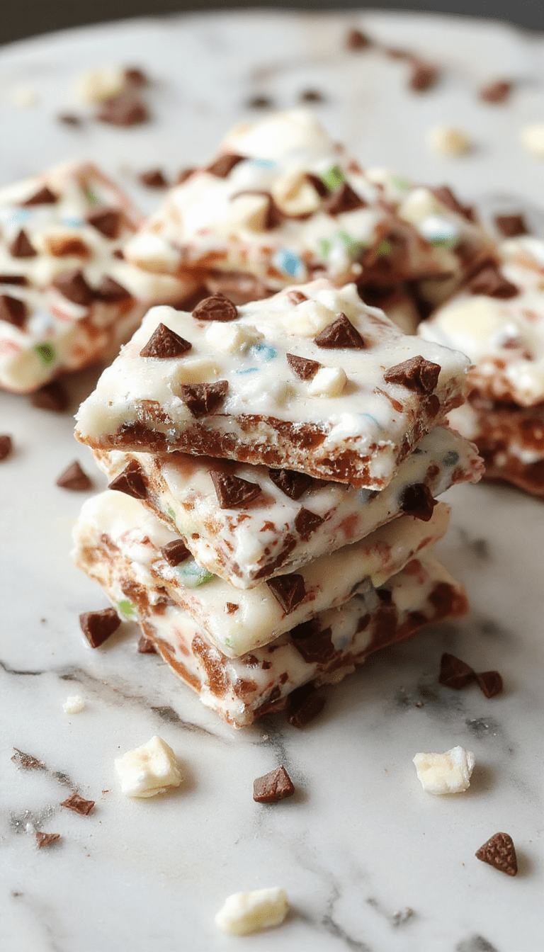 A vibrant, rectangular yogurt bark topped with colorful fresh berries, chopped nuts, and a drizzle of honey. The bark sits on a rustic wooden surface, with a portion cut to reveal its creamy texture and crunchy toppings. Light reflections highlight the glossy, frozen surface and the bright, inviting colors of the toppings.