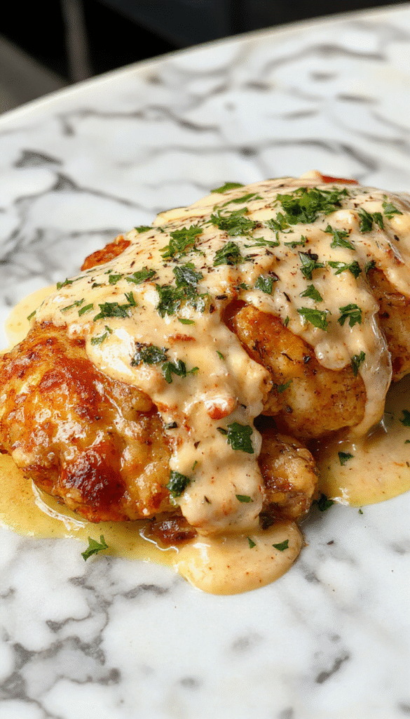 A close-up of tender grilled chicken breasts topped with a rich, creamy whiskey sauce, garnished with fresh herbs, served on a rustic white plate.