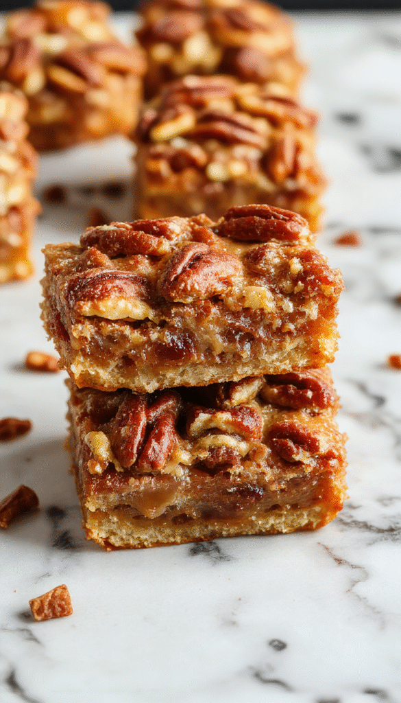 Golden brown pecan pie bars arranged on a white plate with a flaky, crumbly crust topped with glossy caramelized pecans, garnished with powdered sugar and fresh mint, styled with a rustic wooden background.