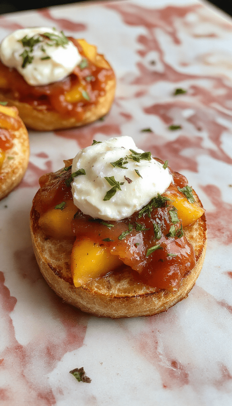 Vibrant peach slices and creamy whipped ricotta arranged on toasted baguette slices, garnished with fresh mint and a drizzle of honey, presenting a colorful and inviting appetizer with a textured combination of smooth ricotta and juicy fruit.