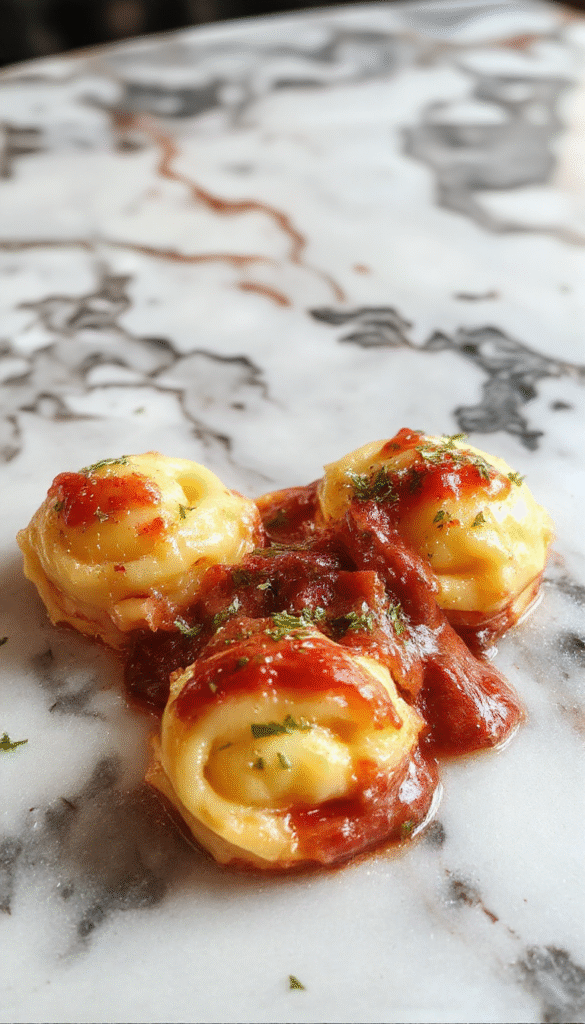 A close-up of a white plate featuring golden-brown tortellini stuffed with a creamy filling, garnished with chopped fresh herbs and drizzled with a vibrant tomato sauce, set on a rustic wooden table with scattered herbs and a glass of white wine in the background, highlighting the rich textures and inviting colors of the dish.