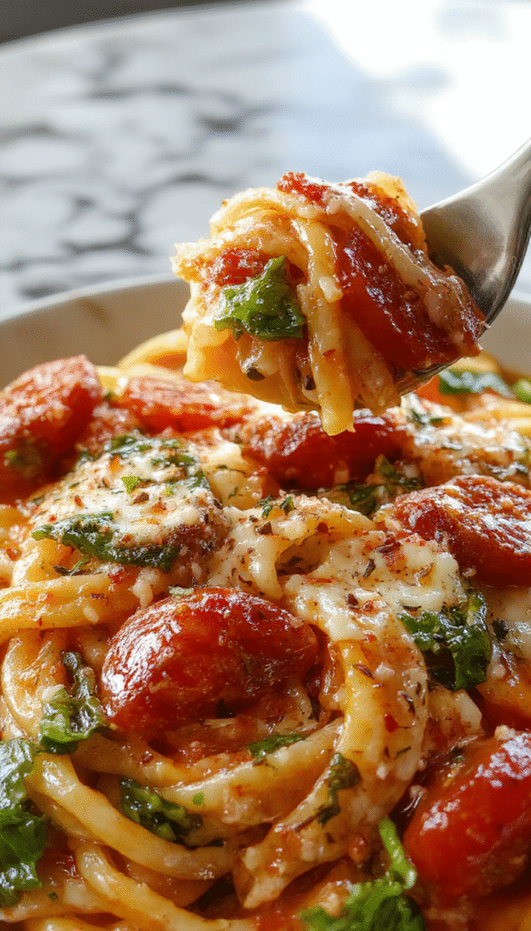 A vibrant plate of spinach and cherry tomatoes tossed with al dente pasta, topped with grated cheese and fresh basil, plated on a white dish with colorful ingredients and a rustic wooden table background.