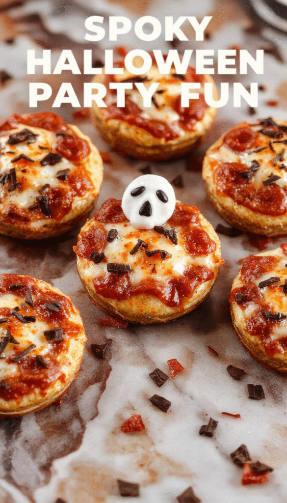 Colorful Halloween mini pizzas decorated with spooky toppings like pepperoni, olives, and cheese in fun shapes, arranged on a platter with a dark, festive backdrop