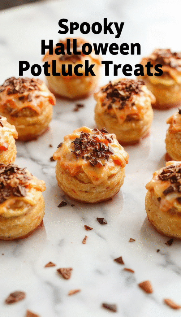 Colorful Halloween-themed platter with decorated cupcakes, spooky cookies shaped like ghosts and bats, and vibrant candy displays, all styled with eerie Halloween decorations and glowing lights.