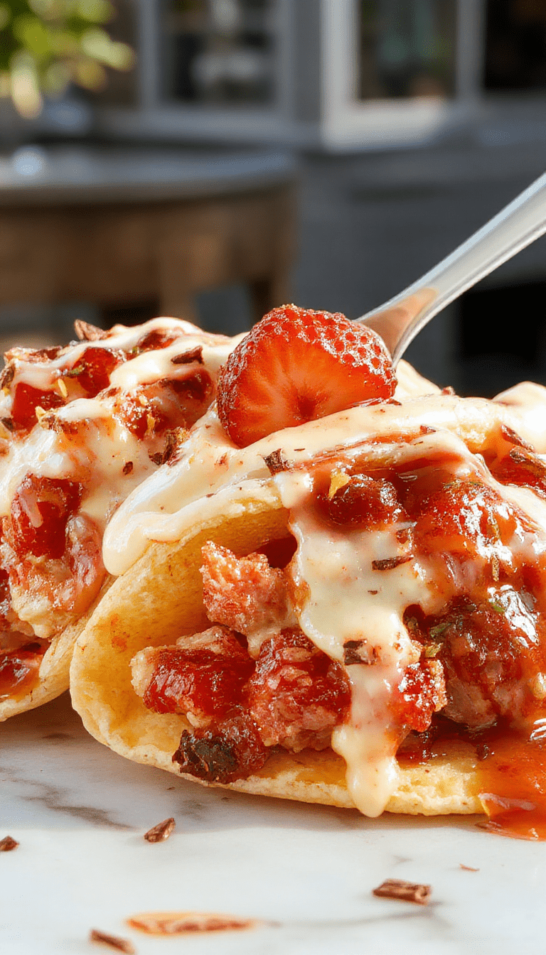 Colorful strawberry crunch cheesecake tacos arranged on a white plate with a textured waffle cone shell, topped with fresh strawberries and a drizzle of chocolate sauce, garnished with mint leaves, styled with rustic napkins and a fork.