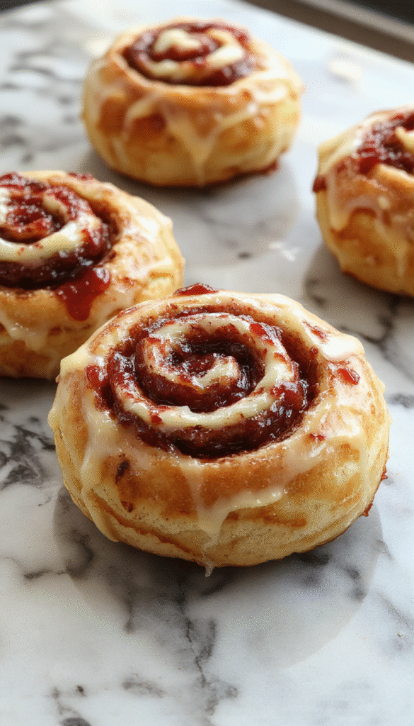 Golden brown swirl buns with a glossy finish topped with melted cheese and vibrant red currant jam swirl visible through the flaky layers, styled on a rustic wooden platter with fresh currants and a knife, soft interior texture visible from a cross-section, natural lighting highlighting the shine and fillings