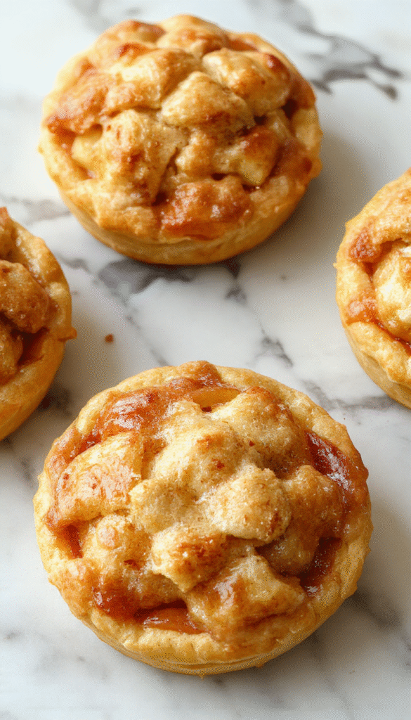 Colorful mini apple pies presented on a rustic wooden platter, with golden flaky crusts, juicy apple filling, and a light dusting of powdered sugar, garnished with cinnamon sticks and fresh apple slices, styled in a cozy kitchen setting.